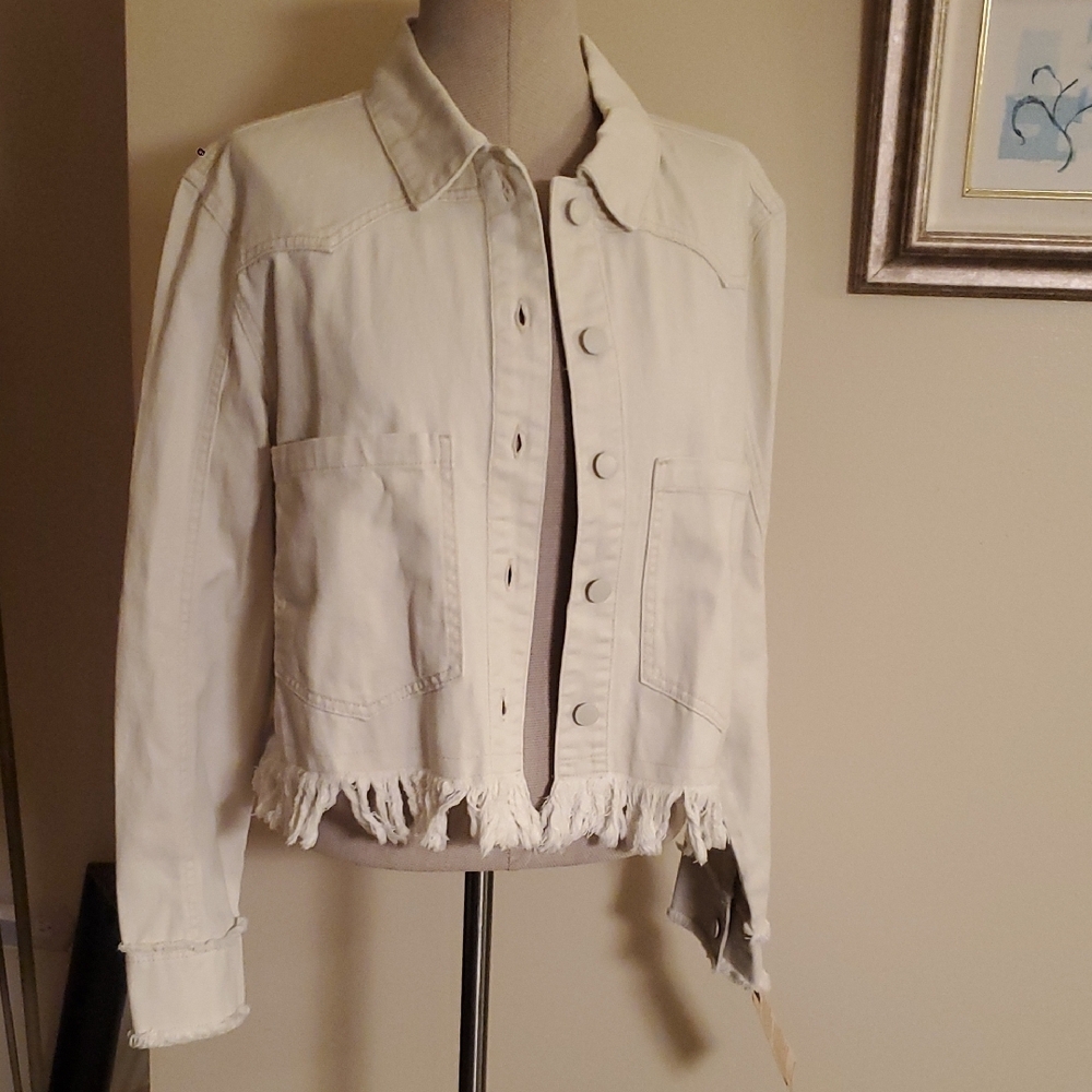 Democracy Cream Fringe Hem Jean Jacket